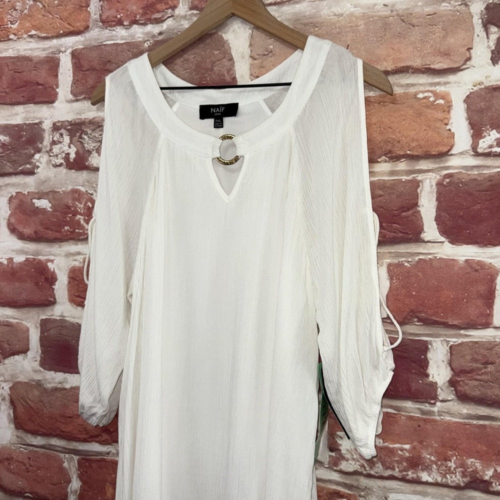Naif Dress Women's XL Petite White Gold Ring Accent Beachy Crinkle Slit Sleeves - Picture 4 of 8